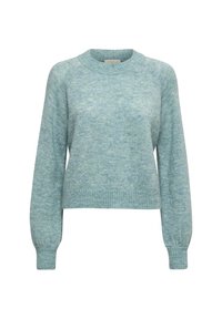 Maglione azzurro chiaro in tessuto morbido a maglia, con scollatura rotonda, maniche lunghe a raglan e orlo a costine. Motivo testurizzato sottile su tutta la superficie.