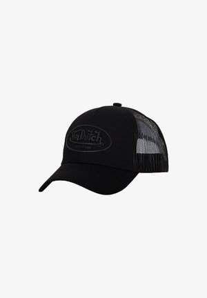 Casquette de trucker noire avec dos en mesh et visière incurvée, présentant un logo "Von Dutch California" brodé en relief sur le panneau avant.