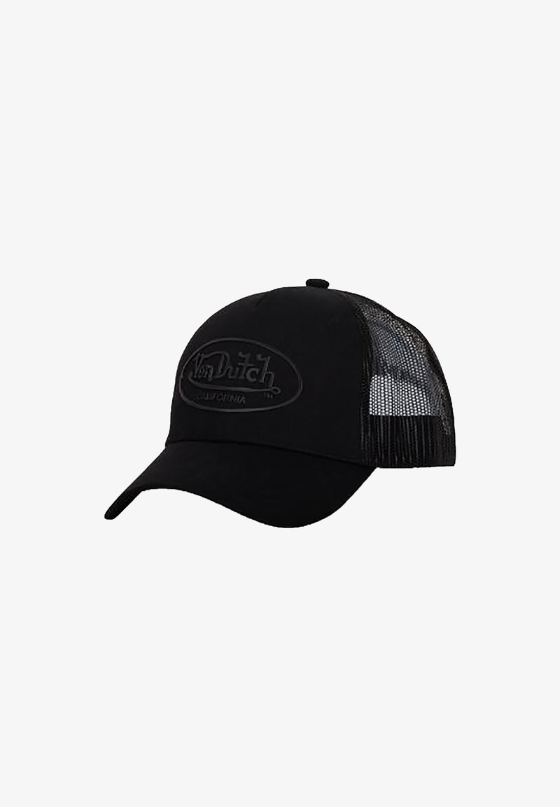 Casquette de trucker noire avec dos en mesh et visière incurvée, présentant un logo "Von Dutch California" brodé en relief sur le panneau avant.