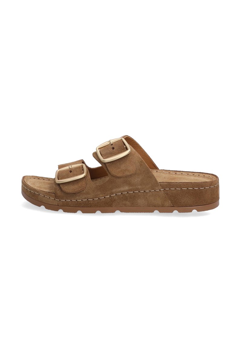 Brune suede slide sandal med to justerbare spænder, formet fodseng og en tekstureret gummisål. Enkel, åben tå design.