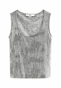 Stříbrná bezramínková tank top v různorodé textuře s kulatým výstřihem a jemným vzorovým detailem po celém povrchu. Na štítku je nápis "NEXT."