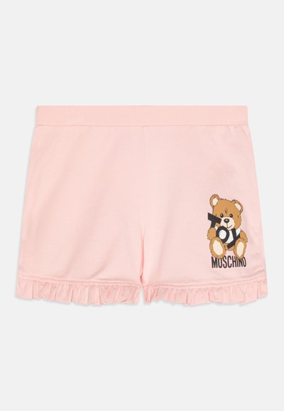 Calções de algodão cor-de-rosa com uma bainha frisada, apresentando um gráfico de um urso de peluche e o texto "MUSCHINO" na frente. Cintura elástica para conforto.