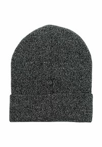Szary dzianinowy beanie z lekko teksturowanym wzorem, zaokrąglonym wierzchem i złożonym mankietem. Materiał wydaje się miękki i ciepły.