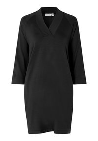 Schwarz Kleid mit V-Ausschnitt, drei Viertel-Ärmeln und lockerem Schnitt. Hergestellt aus glattem Stoff mit minimalistischem Design und ohne sichtbare Muster.