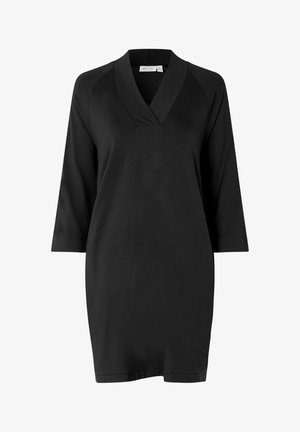 Schwarz Kleid mit V-Ausschnitt, drei Viertel-Ärmeln und lockerem Schnitt. Hergestellt aus glattem Stoff mit minimalistischem Design und ohne sichtbare Muster.