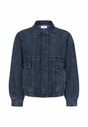 Dark denim jacket with a collared neck, front zipper, side pockets, and elastic cuffs. Features a relaxed fit and smooth texture.