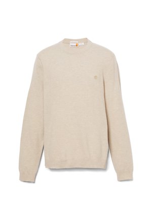 Beige knit sweater with long sleeves and crew neckline. Features a small logo on the chest. Soft texture, typical casual fit.