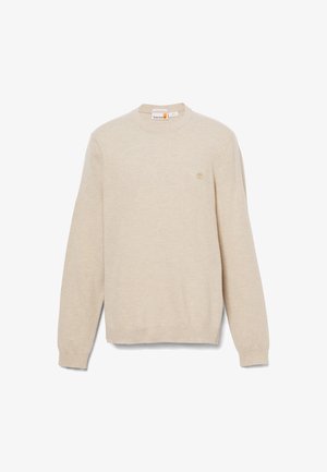 Maglione a maglia beige con maniche lunghe e scollatura rotonda. Presenta un piccolo logo sul petto. Texture morbida, vestibilità casual tipica.