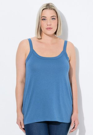 Blaues Tanktop mit breiten Trägern und rundem Ausschnitt, aus weichem Baumwollmaterial. Verfügt über eine lässige Silhouette und einen hüftlangen Schnitt.