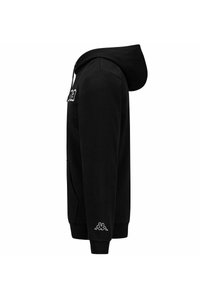 Felpa nera con cappuccio realizzata in tessuto morbido, caratterizzata da una tasca frontale e un cappuccio regolabile con coulisse. Logo Kappa bianco sul petto e sulla manica inferiore.