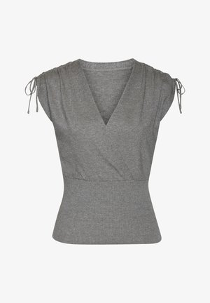 Maglione grigio a maglia con scollatura a V, maniche corte con dettagli a cordoncino e vita aderente. Presenta una texture liscia e un orlo a coste.