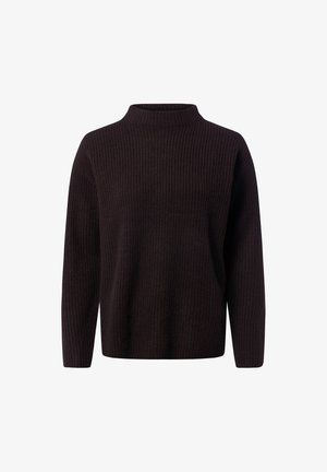 Dunkelbrauner, gerippter Strickpullover mit hohem Halsausschnitt, langen Ärmeln und lockerer Passform. Weiche Textur und einfaches Design ohne sichtbare Logos.