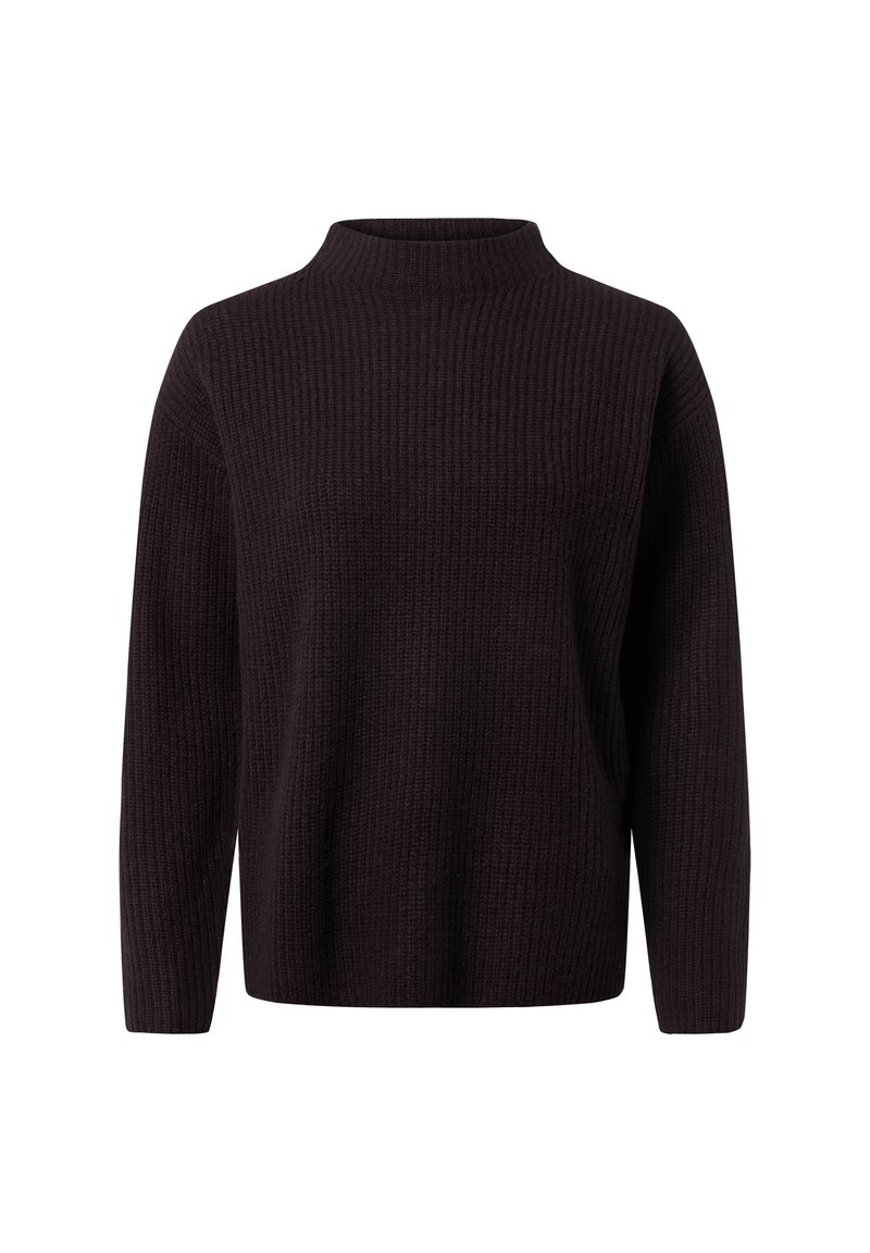 Ciemnobrązowy sweter o prążkowanej strukturze z wysokim kołnierzem, długimi rękawami i luźnym krojem. Miękka tekstura i prosta forma bez widocznych logo.
