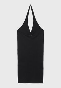 Robe noire sans manches à col licou avec une silhouette ajustée sur un fond gris clair uni.