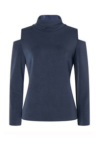 Marineblaues langärmliges Oberteil mit Stehkragen und Cut-out-Schulterdetails. Glatte Textur und figurbetontes Design. Keine sichtbaren Muster oder Hardware.