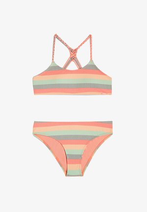 Set di bikini a righe con top bralette e spalline incrociate, in colori pastello come pesca, menta e beige. Tessuto morbido.