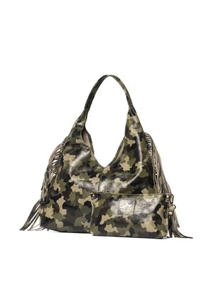 Leren handtas met camouflagepatroon, franjes aan de zijkanten en bijpassend etui met rits, beide in groene, bruine en beige tinten.