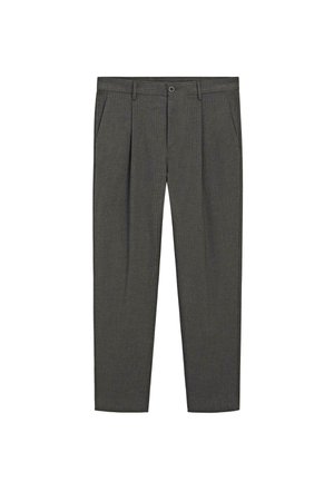 Grau maßgeschneiderte Hose mit einem Streifenmuster, flache Vorderseite, zwei Seitentaschen und einem Knopfverschluss an der Taille.
