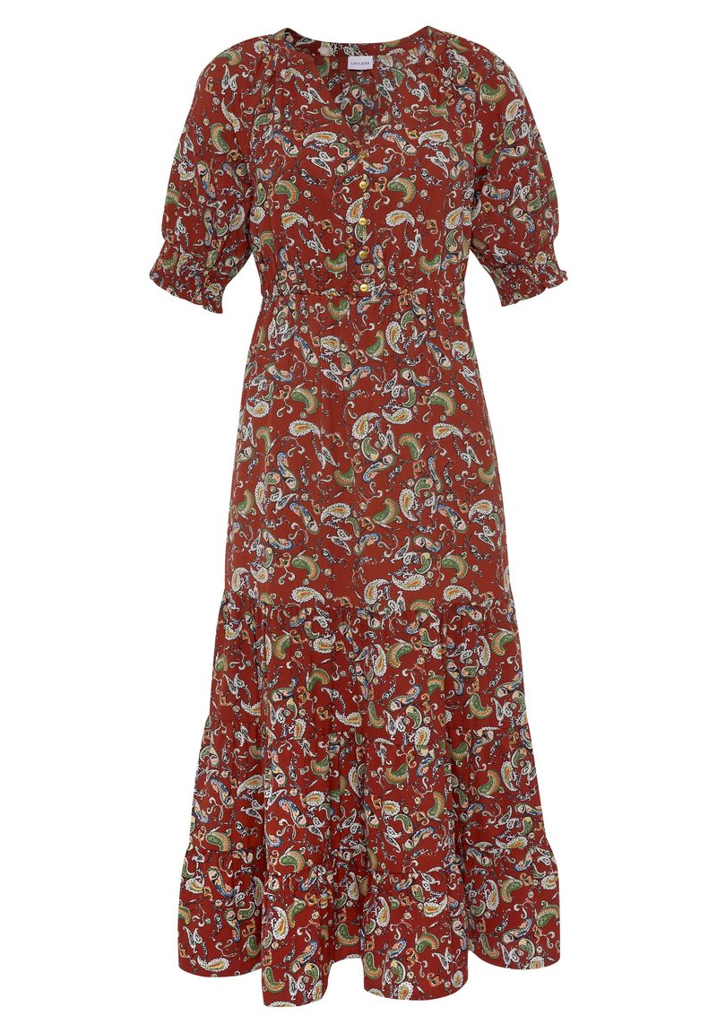 Rotes Paisley-Musterkleid mit kurzen Puffärmeln, Knopfdetails und einem schwingenden, gestuften Rock. Der Stoff wirkt leicht und strukturiert.