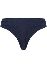 Marineblauwe katoenen string met een gladde textuur, voorzien van een brede tailleband en minimale stiksels. Standaard snit zonder patronen of versieringen.