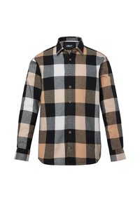 Camicia da uomo a maniche lunghe con bottoni, con grande motivo a quadri in nero, beige, grigio e bianco.