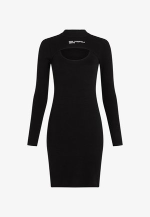Black ribbed sweater dress with long sleeves, form-fitting silhouette, round neck, and a cut-out detail at the back featuring logo accent.