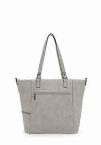 Gray tote bag made of faux leather, featuring two shoulder straps, a zippered front pocket, and a smooth texture. Simple rectangular design.