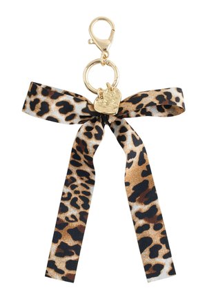 Gold keychain with a leopard print fabric bow and a small hammered gold heart charm attached to a lobster clasp.
