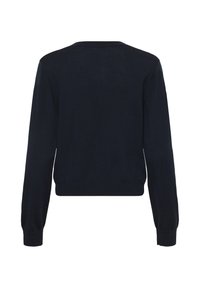 Pull bleu marine à manches longues avec un col rond simple et des poignets et un ourlet côtelés, vu de dos.