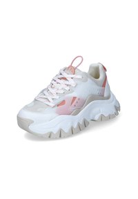 Valge ja heleroosa spordijalats, millel on võrkmaterjalist ja sünteetilisest ülastruktuurist pealispind, paks tekstuuriga tald, ümar varvas ning kontrastsed paelad ja aktsendid.