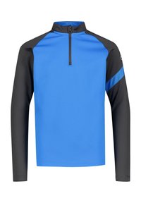 Blue long-sleeve pullover with a high collar, zipper, and black sleeves featuring a blue stripe on the arm. Made from a smooth, stretchy material.