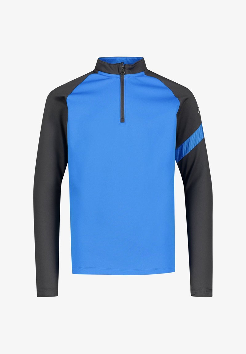 Pullover blu a maniche lunghe con colletto alto, zip e maniche nere con una striscia blu sul braccio. Realizzato in un materiale liscio e elastico.