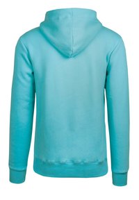 Turquoise hoodie with a drawstring hood, ribbed cuffs and hem, made from soft fabric, featuring a smooth texture and a solid color design.