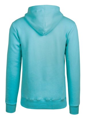 Turquoise hoodie with a drawstring hood, ribbed cuffs and hem, made from soft fabric, featuring a smooth texture and a solid color design.