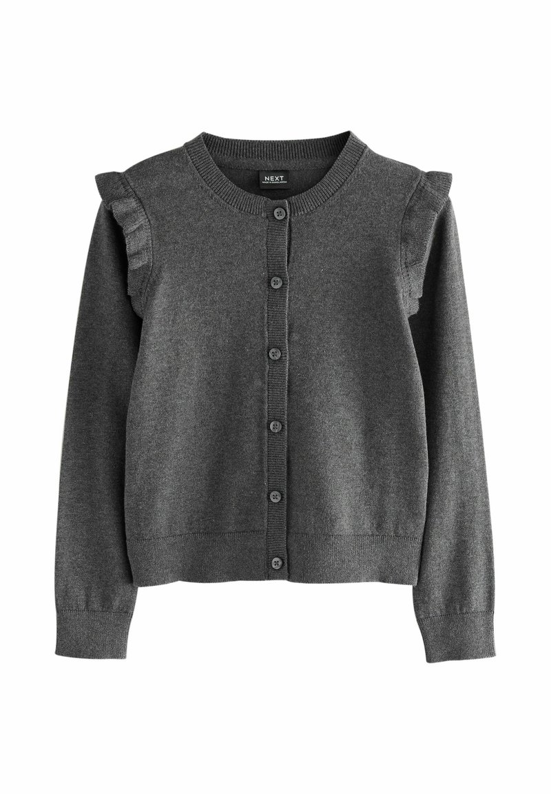 Cardigan grigio realizzato in materiale morbido, con scollo rotondo, bottoni sul davanti e dettagli arricciati sulle spalle. Maniche lunghe con polsini a coste.