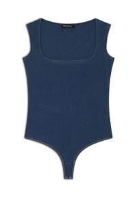 Bodysuit de denim con escote cuadrado, sin mangas y cierre a presión. Presenta un color azul oscuro y costuras contrastantes.