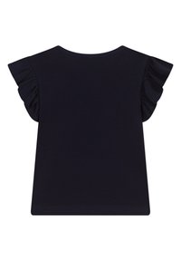 Top blu navy a maniche corte con maniche a sbuffo, scollatura rotonda e una morbida texture di cotone. Design semplice e aderente senza motivi.