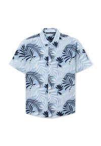 Camicia a maniche corte con bottoni di colore azzurro chiaro, decorata con un motivo di foglie tropicali blu navy, dotata di colletto a punta e tre bottoni dorati sul fronte.