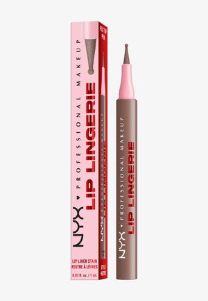 Crayon contour des lèvres dans un tube marron avec un applicateur en feutre rose. L'emballage affiche la marque "NYX" et le nom du produit "Lip Lingerie" en texte gras.