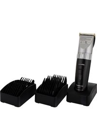 Draadloze tondeuse in zwart en zilver met instelbare standen, vergezeld van twee zwarte opbergstandaards met diverse lengtegeleiders.