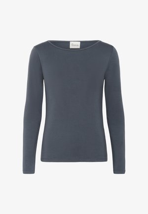 Pitkähihaisessa tummanharmaassa paidassa on pyöreä kaula-aukko, sujuva pinta ja kapea muoto. Paidassa on vain minimaalinen brändäys tarrassa.