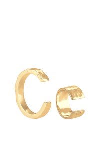 Goldfarbene Metall-Ohrmanschetten mit offenem Design; eine hat eine glatte Oberfläche, die andere eine strukturierte, gehämmerte Oberfläche.