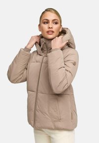 Light beige puffer jacket with a hood, featuring zip closure, ribbed cuffs, and side pockets. Smooth texture, quilted design, and logo detail.