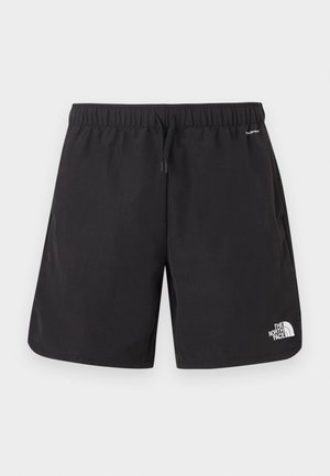 Zwarte elastische taille short met trekkoord, zijzakken, "FASHY" label nabij de tailleband en het The North Face-logo op de rechteronderkant van het been.