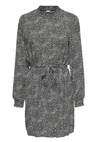 Vestido de patrón en blanco y negro con mangas largas, un escote alto y un cinturón atado en la cintura. Tejido suave con una superficie ligeramente texturizada.