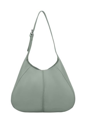 Hobo-Tasche aus hellgrünem Leder mit einer geschwungenen Form, einem einzelnen verstellbaren Schultergurt und einer glatten Textur mit minimaler Naht.