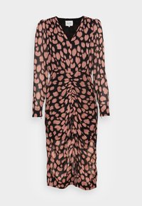 Černé šaty s dlouhými rukávy, hlubokým výstřihem do V a nařaseným pasem, s abstraktním vzorem v růžové a béžové barvě. Vyrobeno z lehké, mírně průhledné látky.