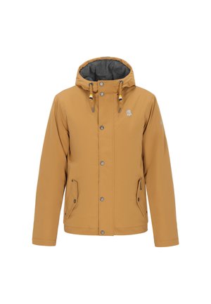 Brown waterproof jacket with a hood, gray lining, two front pockets, snap buttons, and adjustable drawstrings at the neck.