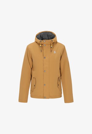 Brązowa wodoodporna kurtka z kapturem, szara podszewka, dwie przednie kieszenie, zatrzaski oraz regulowane sznurki przy szyi.