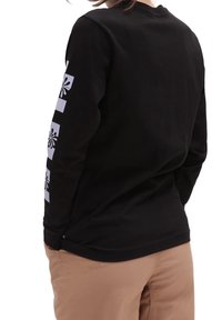 Schwarz langärmliges T-Shirt mit weißen Blumenmotiven auf dem linken Ärmel, aus einem Baumwollmix mit lässiger Passform und abgerundetem Saum.